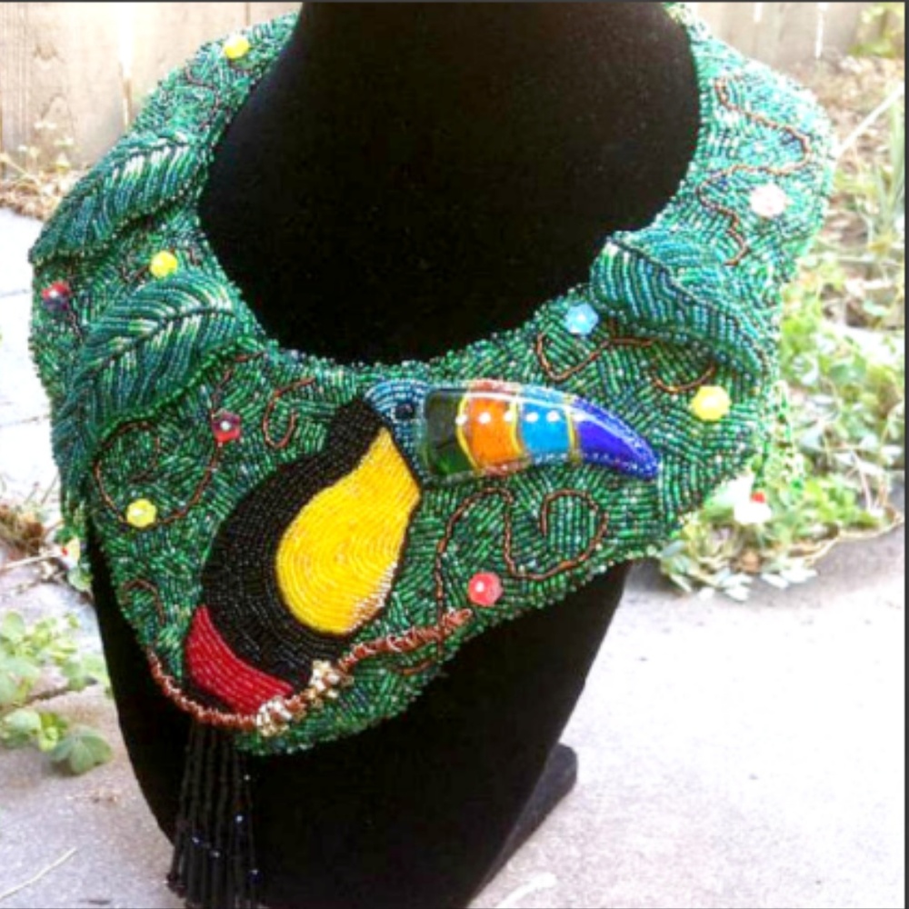 TOUCAN JUNGLE Beaded Art Necklace Art To Wear OOAK
